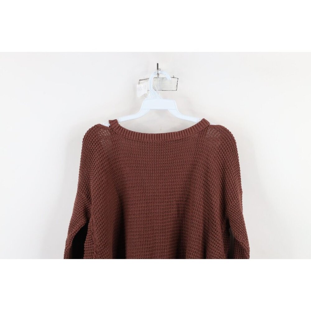 Free People Womens Large Faded Fringed Cold Shoulder Thermal Knit Sweater Brown - Picture 12 of 13